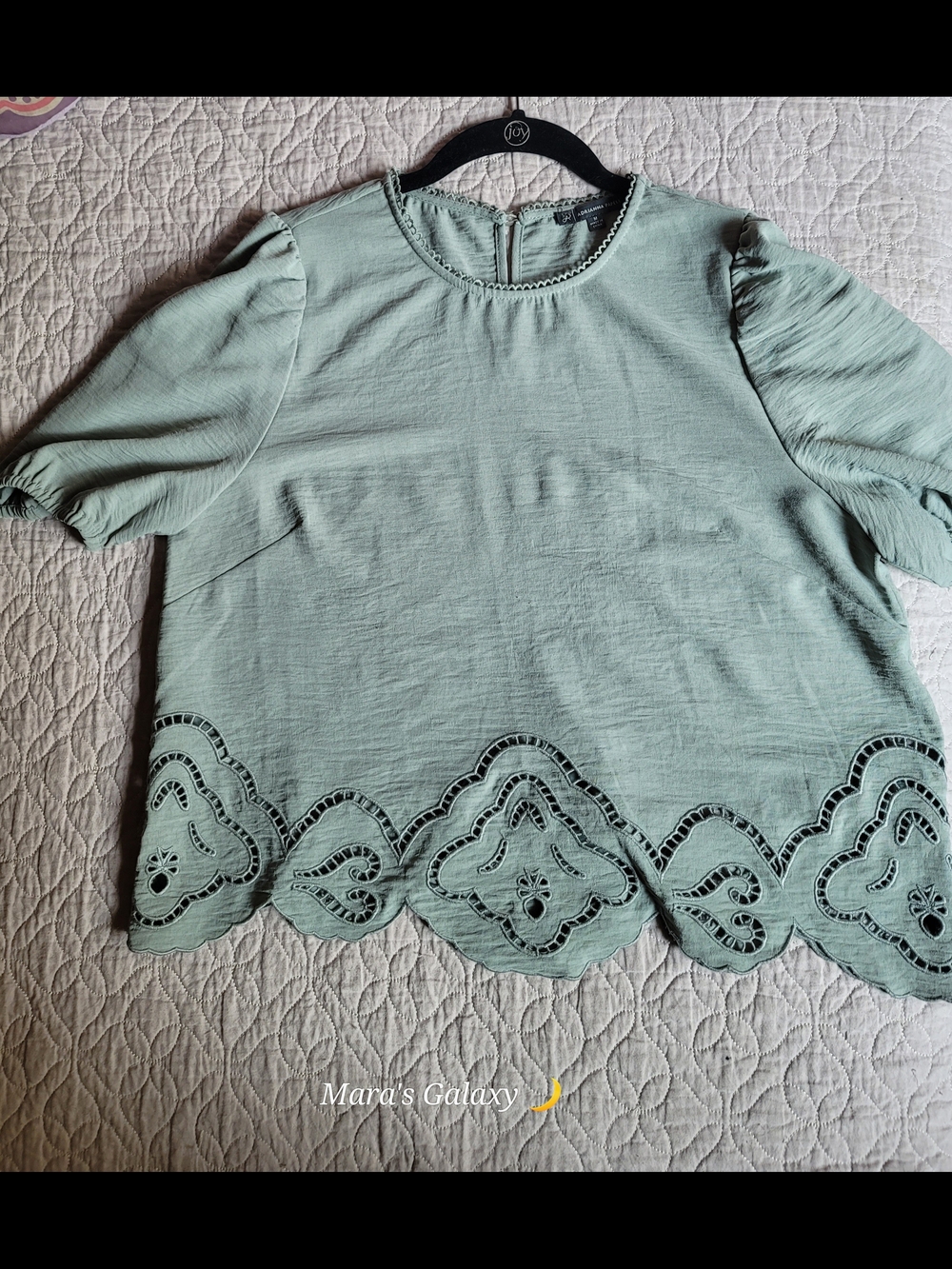 Adrianna Papell Sage Green Airflow Eyelet Embroidered Scalloped Crop Blouse